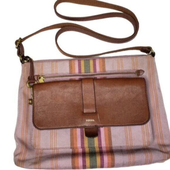 Fossil Kinley Crossbody Bag Cotton Leather Multicolor Stripes Key Charm - Picture 16 of 16